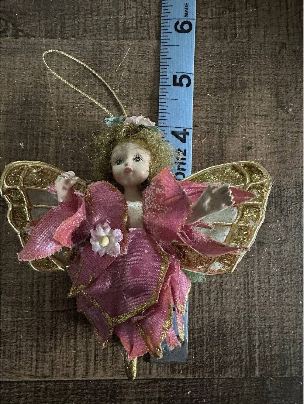 Vintage Pink Fairy Angel Christmas Ornament Porcelain Face Gold Glitter Wings